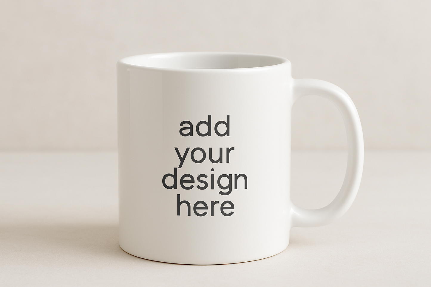 White coffee mug with a deign that says "add your design here"